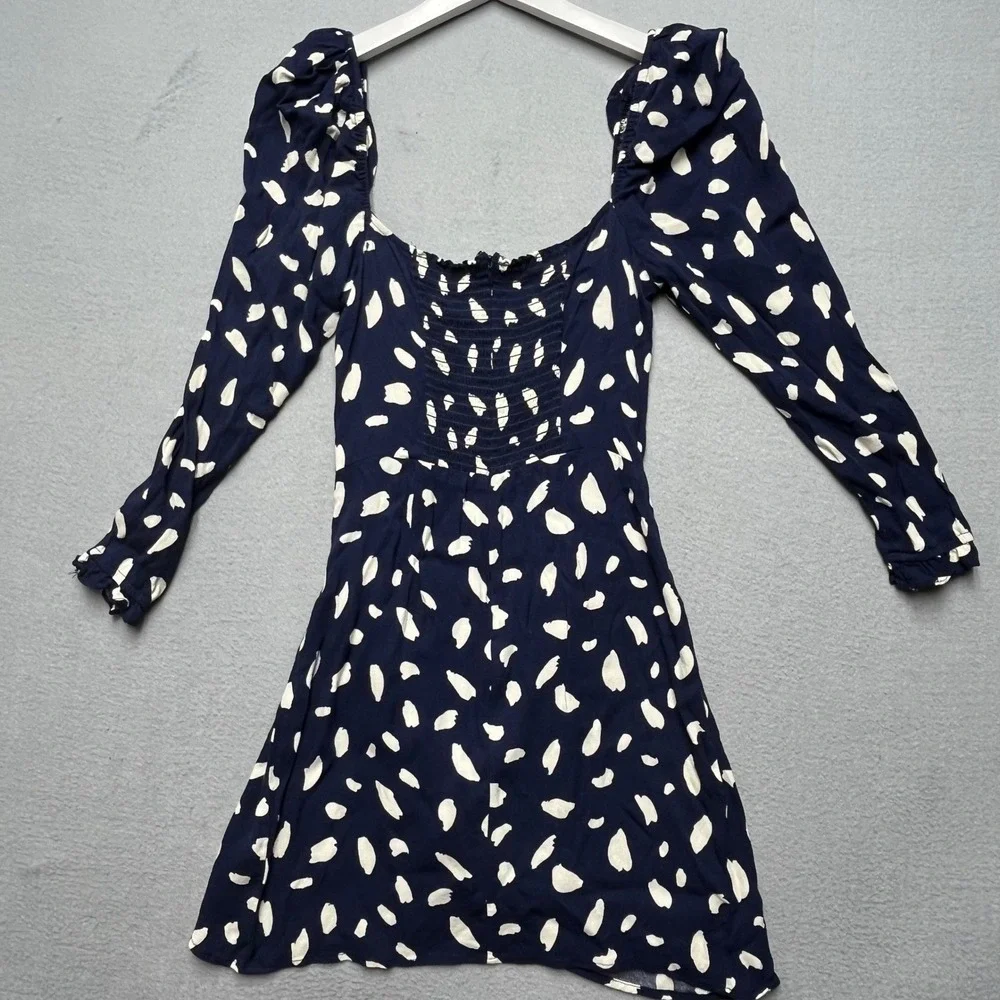 Reformation‎ Cammi Navy Cream Polka Dot Puff Sleeve Mini Dress Size 6